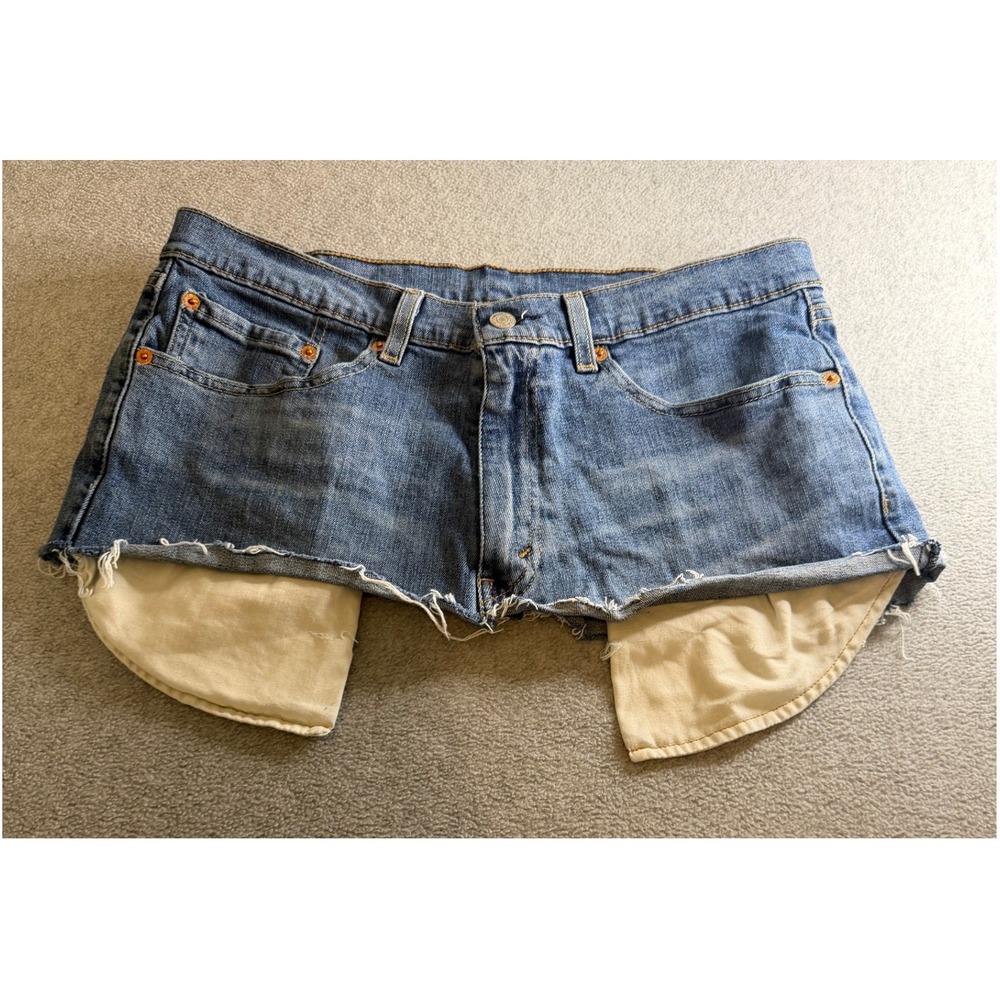 Levis 505 Reworked Denim Mini Skirt Medium Wash Cut Off Frayed Jean Size 33